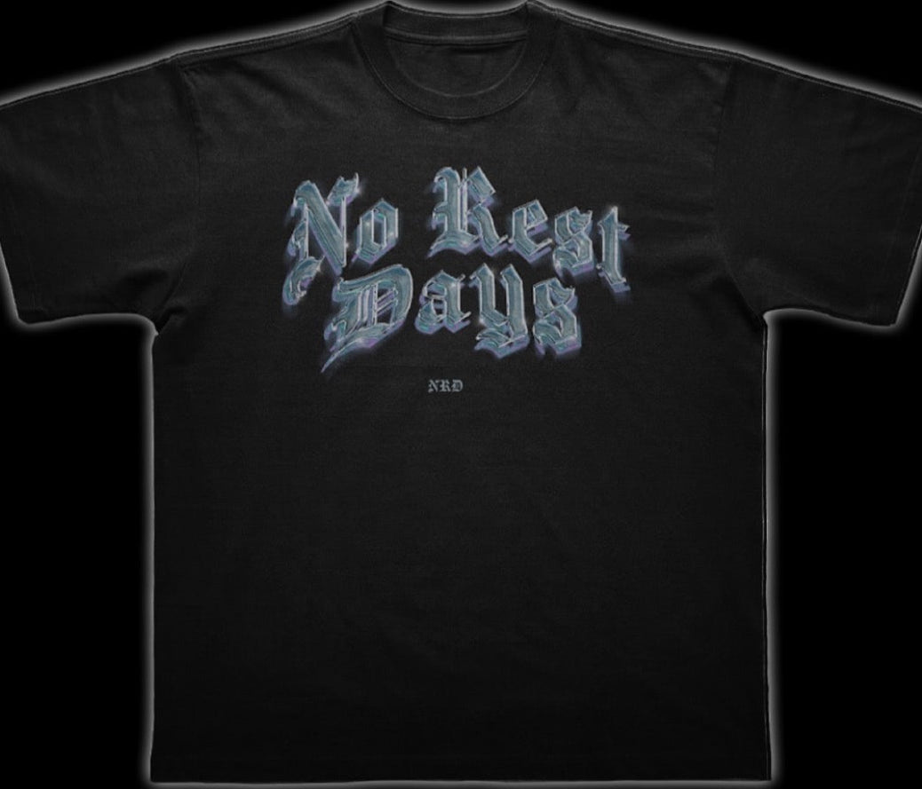 Black t-shirt with 'No Rest Days' text on a black background